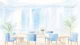 A serene image of a philanthropic meeting room with soft blue decor, where charitable foundations strategize on generous giving and support initiatives