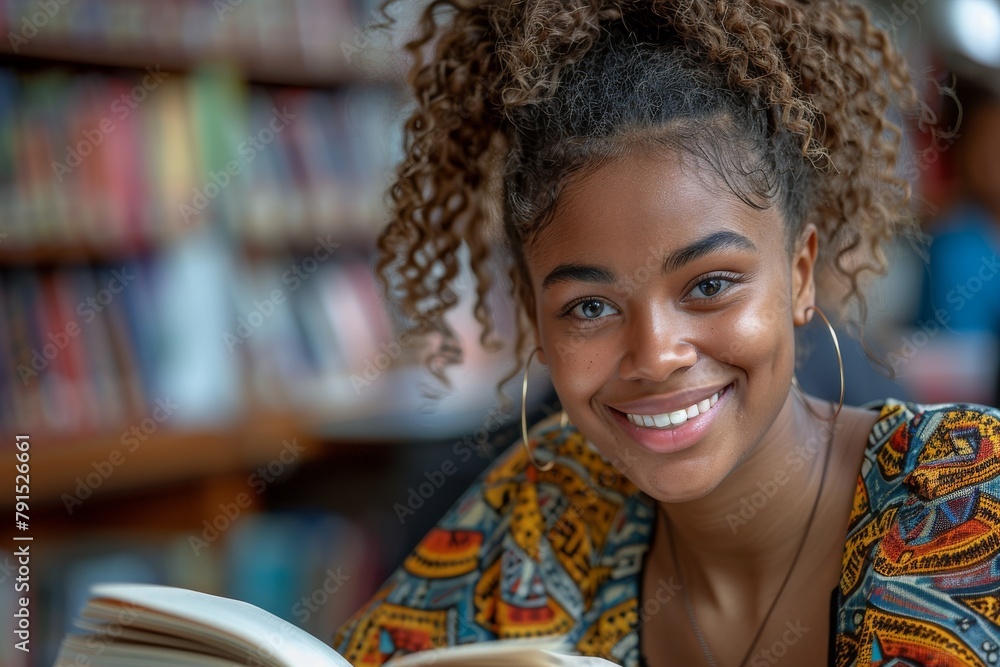 A young woman is deeply engrossed in reading a book, surrounded by shelves filled with literature A young woman is deeply engrossed in reading a book, surrounded by shelves filled with literature