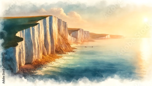 Watercolor painting of the White Cliffs of Dover, England