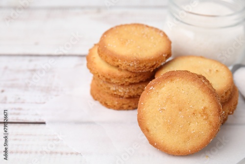 Wallpaper Mural Tasty sweet sugar cookies on white wooden table, closeup. Space for text Torontodigital.ca