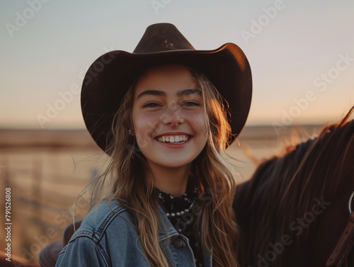 Happy young cowgirl in a hat, experiencing the joy of a horseback ride at sunset © Dojirich ai