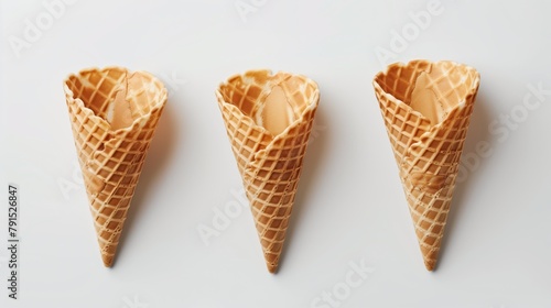 Three empty waffle cones arranged in a row on a white background