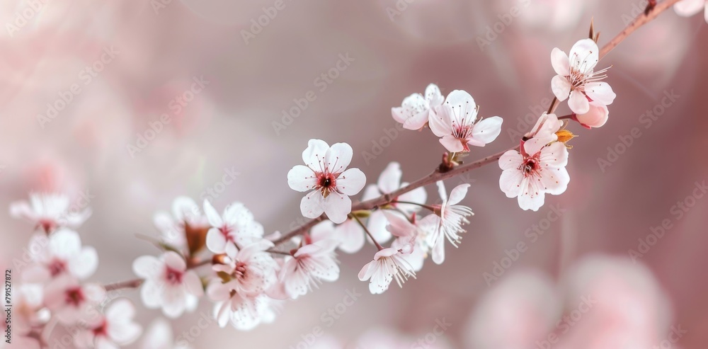 Branches of cherry blossoms in bloom, with soft pink petals and delicate spring ambiance.