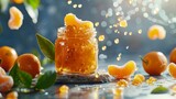 Mandarine jam in the jar with levitating flying ingredients around. Tasty food