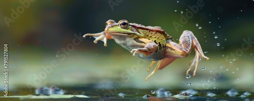 frog mid-jump among the forest foliage, showcasing the dynamic motion and natural habitat. © Ľudovt