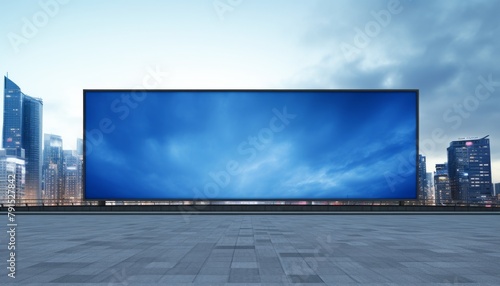 A panoramic digital billboard displaying a bright blue advertisement for an international ecommerce event, attracting participants from all over the world to connect and transact online photo