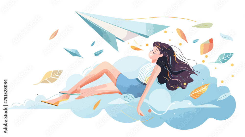 Paper airplane with woman. Hand drawn style vector