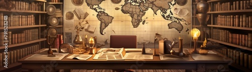 A library setting with sepia maps and old currency ledgers spread out, suggesting a deep dive into the historical journey of money and trade routes photo