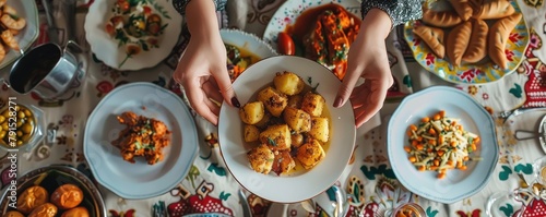 overhead shot of traditionally roasted potatoes served on a plate with various other dishes, highlighting homemade cuisine. photo