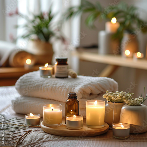 Create a still life image of a spa treatment room. Include candles, flowers, and a massage table with a soft, white towel. The room should be warm and inviting. photo