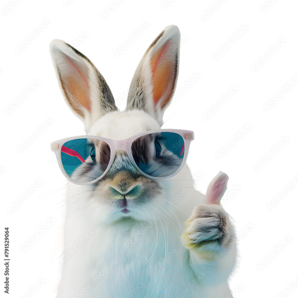 Realistic Rabbit in sunglasses showing thumb up isolated on transparent background