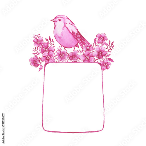 Label with space for copying text, decorated with pink flowers and a bird. Hand drawn watercolor painting on white background