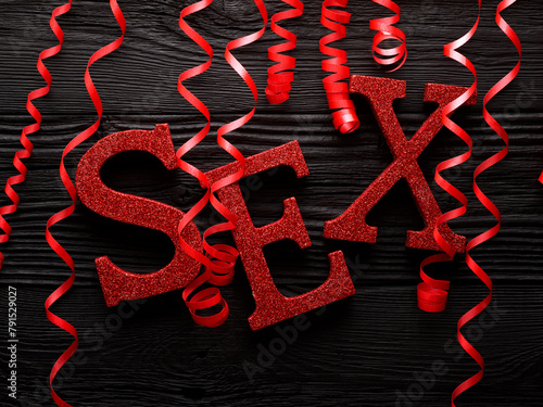 sex 3d word with red ribbon isolated on white background