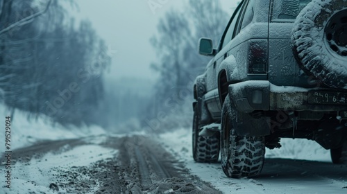 A snow-covered 4x4 vehicle navigates a desolate winter road, illustrating rugged travel under harsh weather conditions. © tashechka