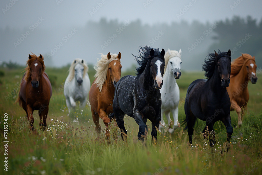 Horses running in a foggy field Horses running in a foggy field