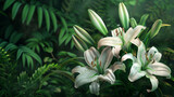 cluster of elegant blooming lilies surrounded by lush green foliage their slender stems adorned with multiple buds in different stages of development