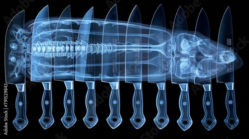 X-ray scan of a set of kitchen knives, revealing the blades and handles. photo