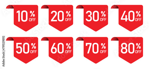 discount sticker product red tag set. shopping discount label badge with 10, 20, 30, 40, 50, 60, 70, 80 percent off. vector symbol on transparent background.