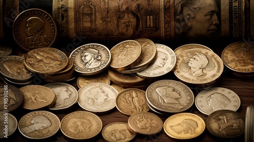 A display of historical coins and faded banknotes in sepia tones, arranged in an antique collectors album, evoking a sense of timelessness and the enduring value of old currencies