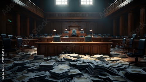 A dimly lit courtroom with empty chairs and a stack of bankruptcy files on the judges bench, conveying the aftermath and serious consequences of financial collapse photo