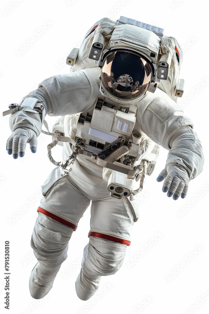 High-quality image of an astronaut in a full space suit against a white background, simulating zero gravity High-quality image of an astronaut in a full space suit against a white background, simulating zero gravity