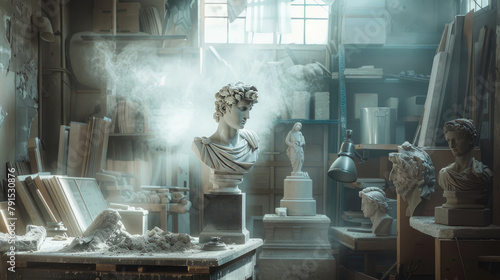 A sculptor's workshop with dust from work in the air photo