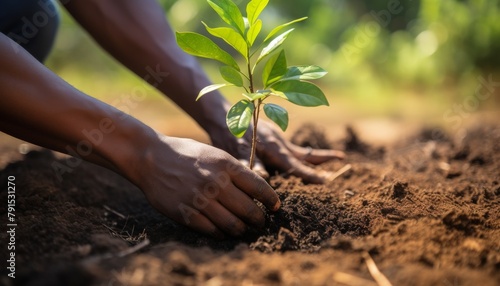 A closeup of a person planting a young tree in a community garden, representing growth and renewal, both literally and metaphorically, as part of an environmental recovery initiative photo