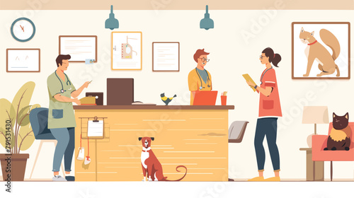 Pet veterinary clinic. Man with dog on reception in Vector
