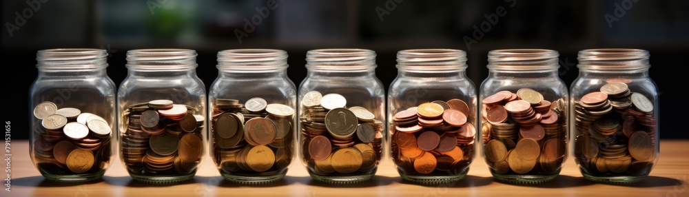 A childs savings jar filled with mixed hue coins collected from different countries, illustrating lessons in the value and variety of money from an early age A childs savings jar filled with mixed hue coins collected from different countries, illustrating lessons in the value and variety of money from an early age