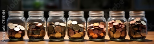 A childs savings jar filled with mixed hue coins collected from different countries, illustrating lessons in the value and variety of money from an early age photo