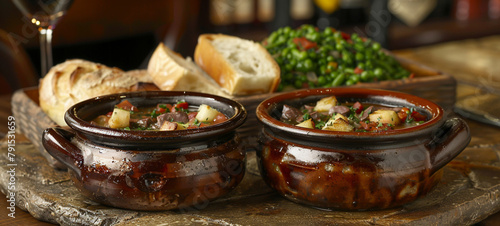 Two ceramic bowls of beef stew with large pieces of beef, potatoes, and carrots served with bread and peas