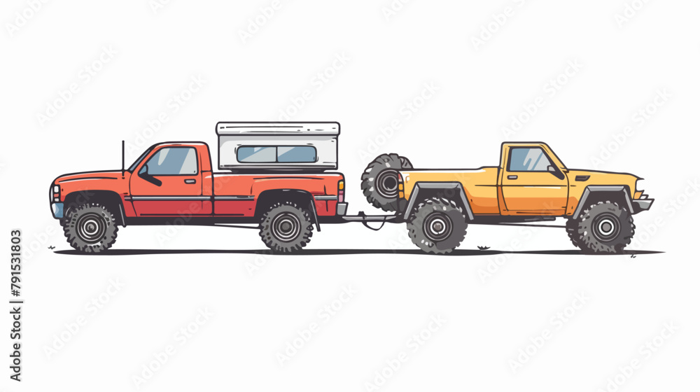 Pickup car tows a trailer with a ATV. Vector flat sty