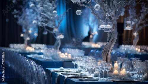 A charity gala event with elegant soft blue lighting and table settings, creating a soothing atmosphere that encourages generous donations photo