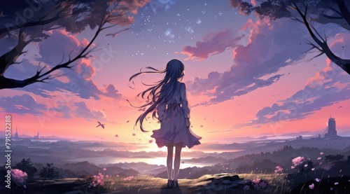 Girl admiring the star-filled twilight sky in a serene landscape