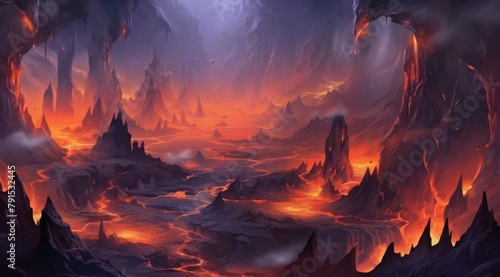 Fiery volcanic landscape with glowing lava and dramatic sky