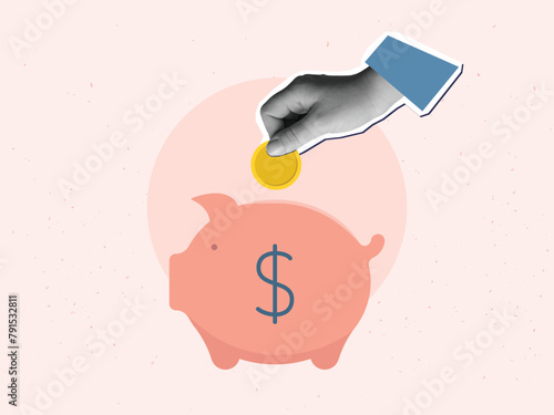 Hand puts a coin in a piggy bank. Vector illustration in a modern collage style