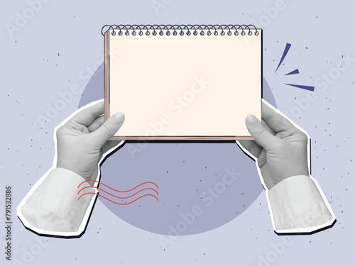 Hands holds a blank spiral note. Vector illustration in a modern collage style
