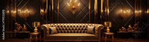 An exclusive VIP lounge with deep gold decor, offering toptier services to the wealthy, emphasizing the luxury and privacy that money can buy