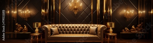 An exclusive VIP lounge with deep gold decor, offering toptier services to the wealthy, emphasizing the luxury and privacy that money can buy photo