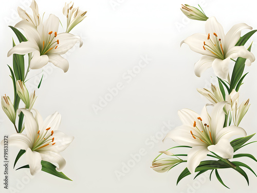 Illustration frame with white lilies flowers on white background with copy space