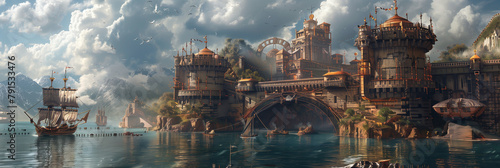 fortress, castle, old town, construction, vintage background, products, enginer, generative, ai, steampunk, clock background, machine, mechanical, blue, gold, gear, clock, watch, mechanism