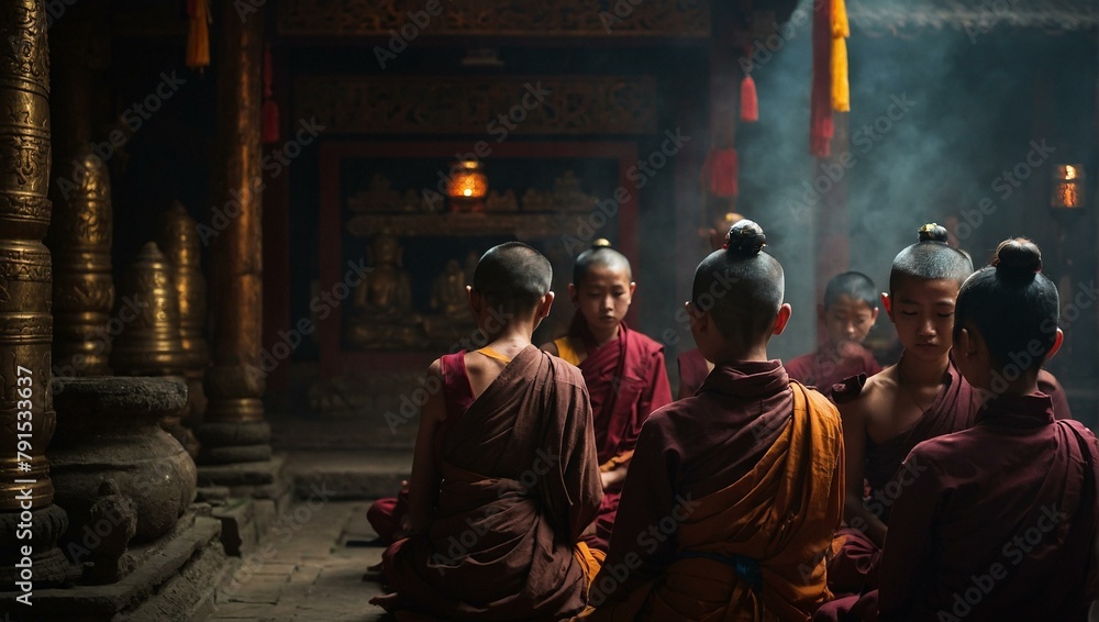 A serene scene captures young monks in maroon robes engaging in meditation within a temple, surrounded by golden artifacts