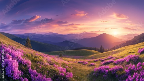 Panoramic view in lawn with pink rhododendron flowers, beautiful sunset with orange sky in summer time. Mountains landscapes. Location Carpathian, Colorful background. 
