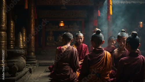 A serene scene captures young monks in maroon robes engaging in meditation within a temple, surrounded by golden artifacts