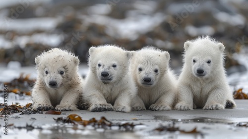 A group of four white polar bears sitting on the ground, AI photo