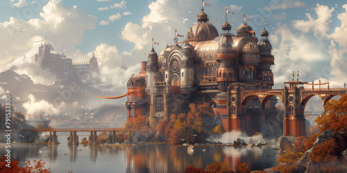 fortress, castle, old town, construction, vintage background, products, enginer, generative, ai, steampunk, clock background, machine, mechanical, blue, gold, gear, clock, watch, mechanism
