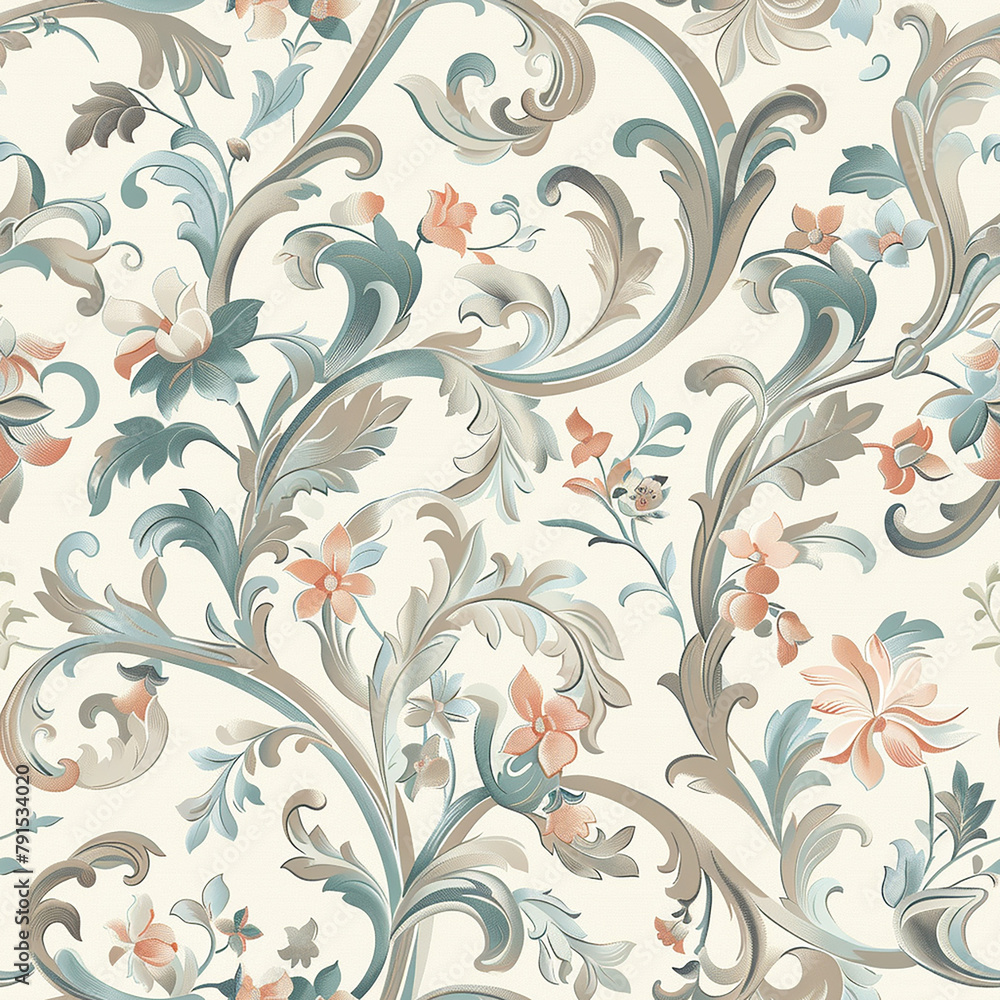 A floral patterned wallpaper with a blue and white color scheme