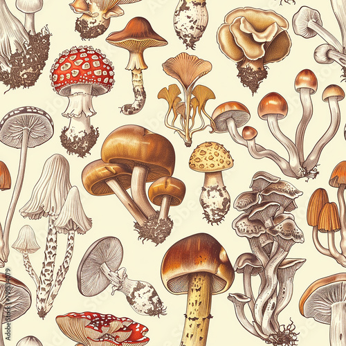 A drawing of various mushrooms in different sizes and colors