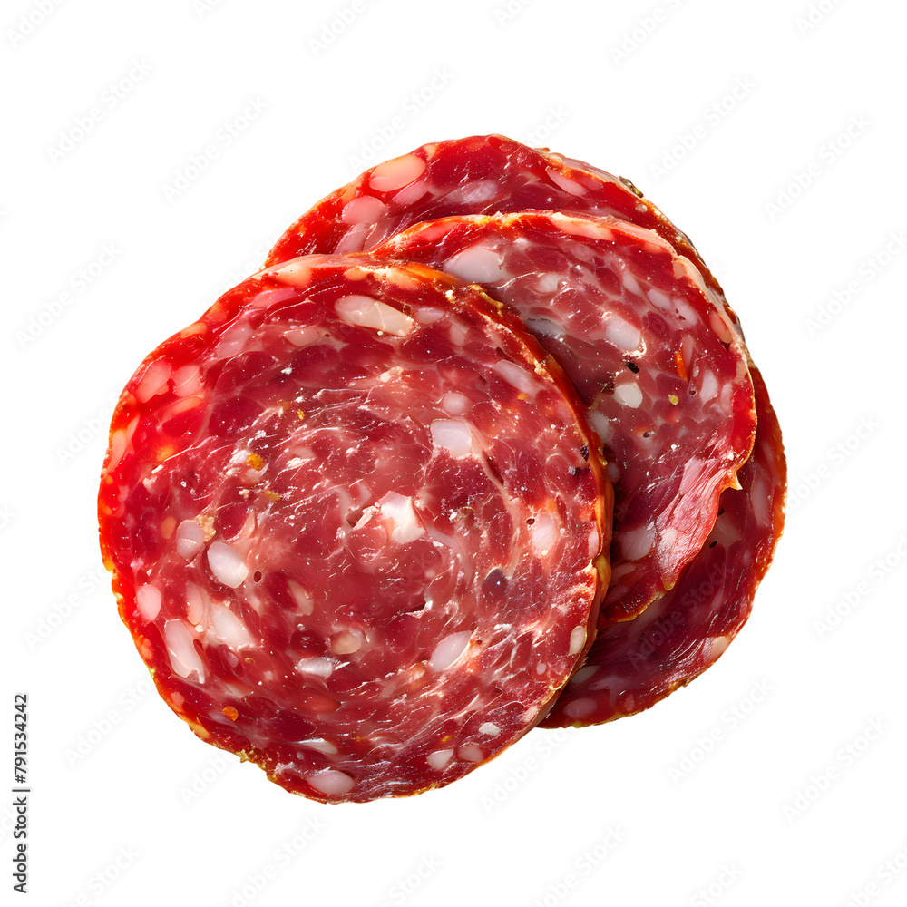 Salami slice top view isolated on transparent background Salami slice top view isolated on transparent background