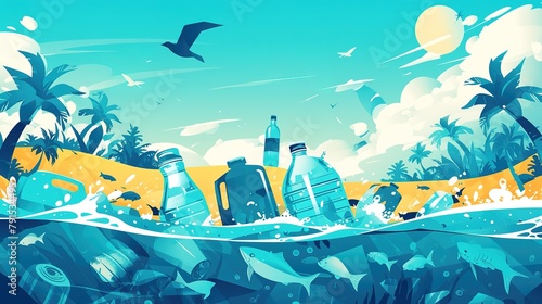 Polluted with plastic bags and bottles of the sea, islands with palm trees. Plastic ocean pollution concept with trash and fish silhouettes in the sea, flat illustration